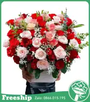 Giỏ Hoa Chúc Mừng Tone Đỏ Kem